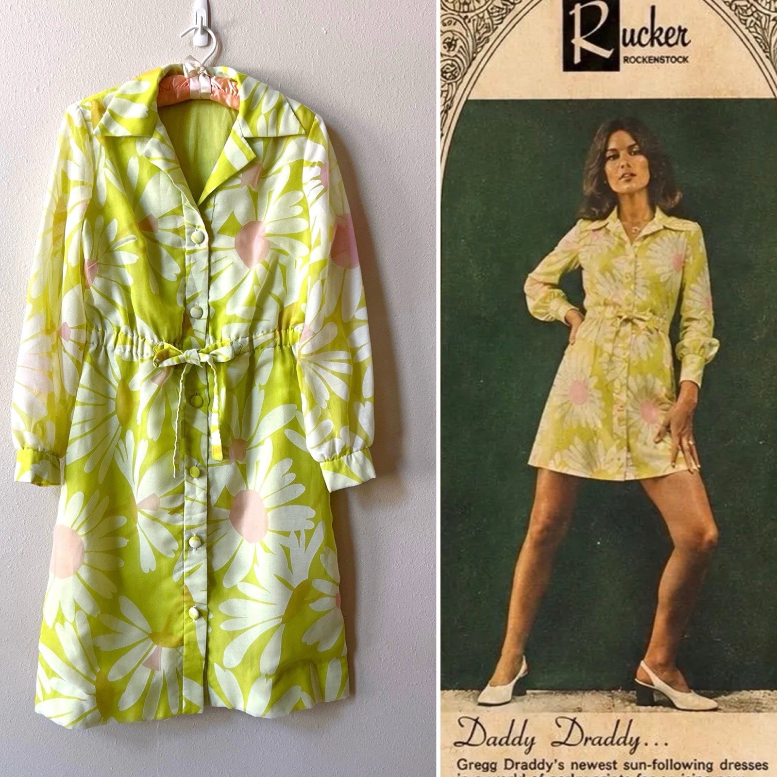 Vintage Gregg Daddy Draddy Daisy Print Shirt Dress Mod Green Psychedelic 60s 70s