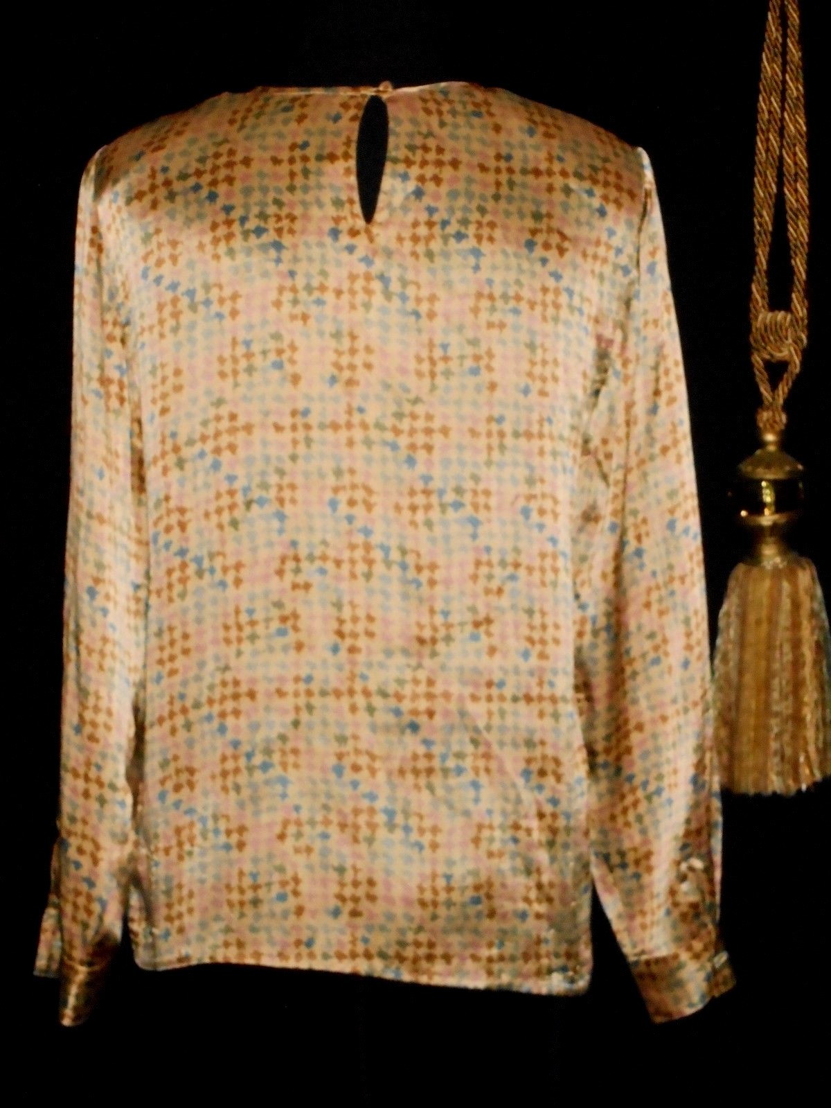 USA VinTage 4 Silk Blouse Gold Beige Teal Long Sleeve Jewel Keyhole Neckline