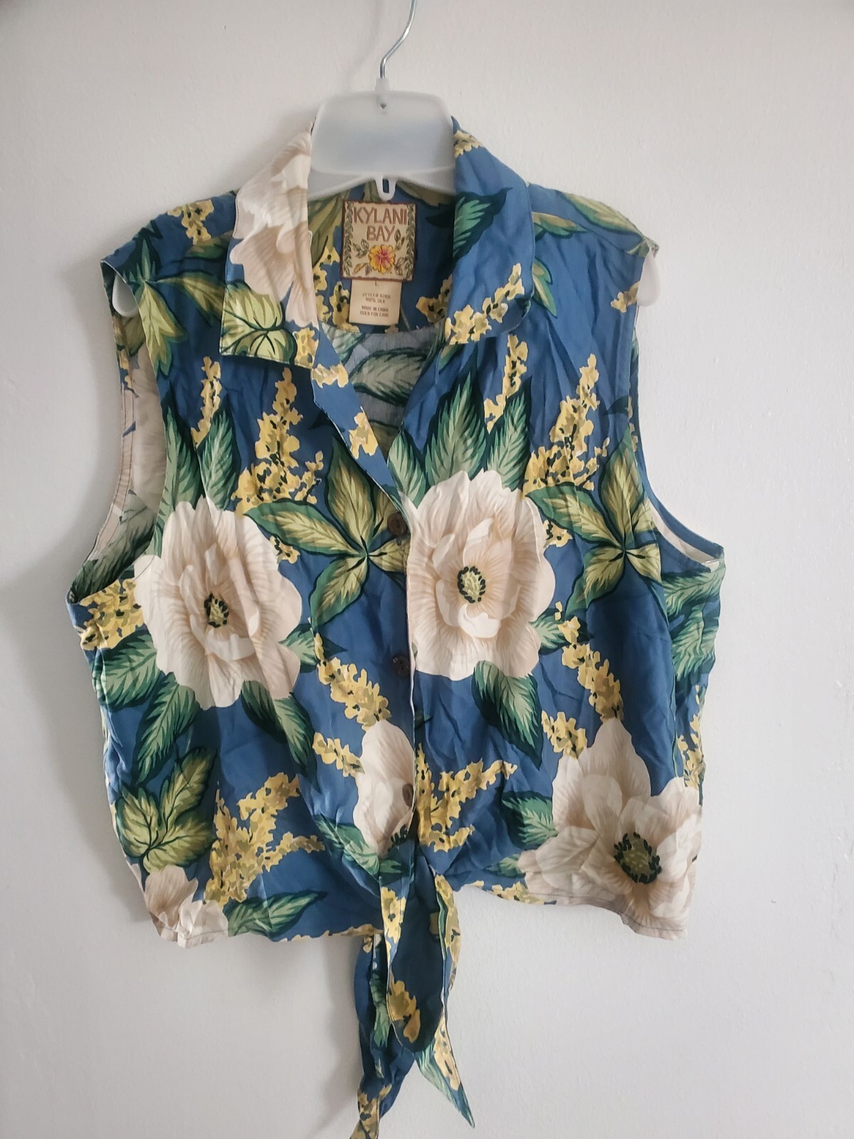 Kylani Bay Silk Crop Shirt Large Womens Hawaiian Euc Tie Front Sleeveless Vntg