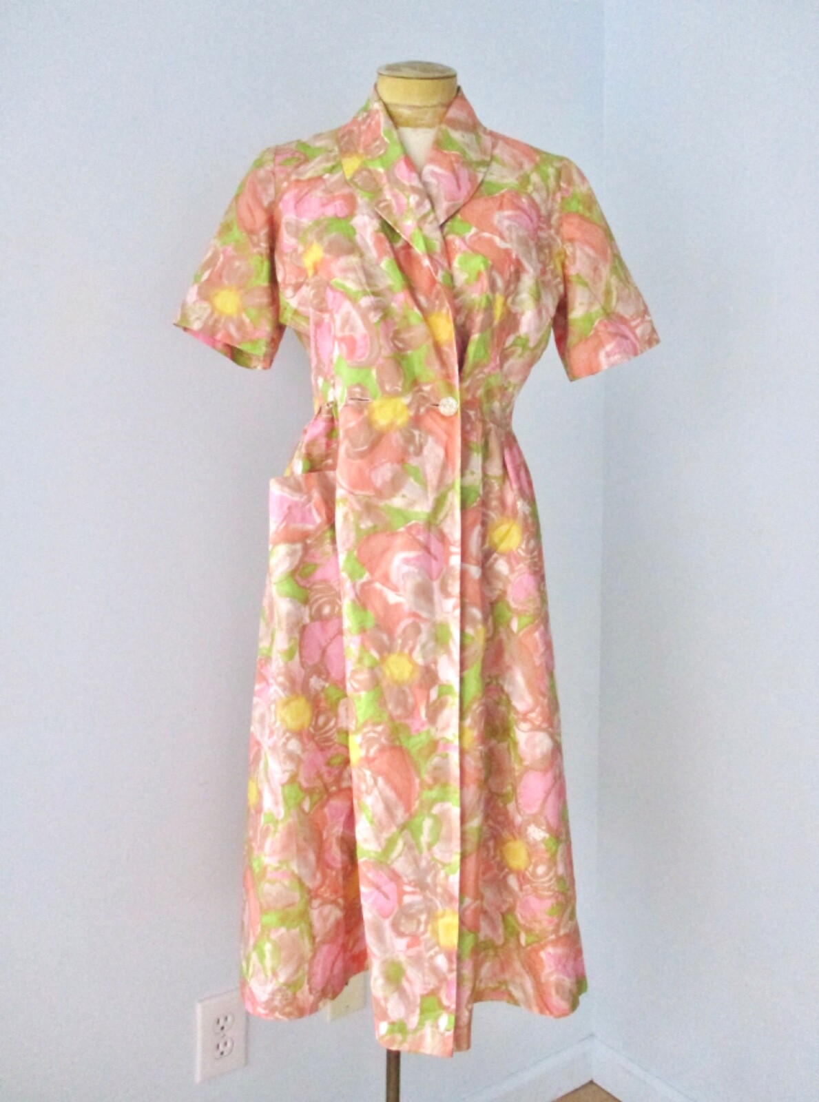 Vtg 50s painterly abstract spring flowers shirtwaist wrap day dress pocket M