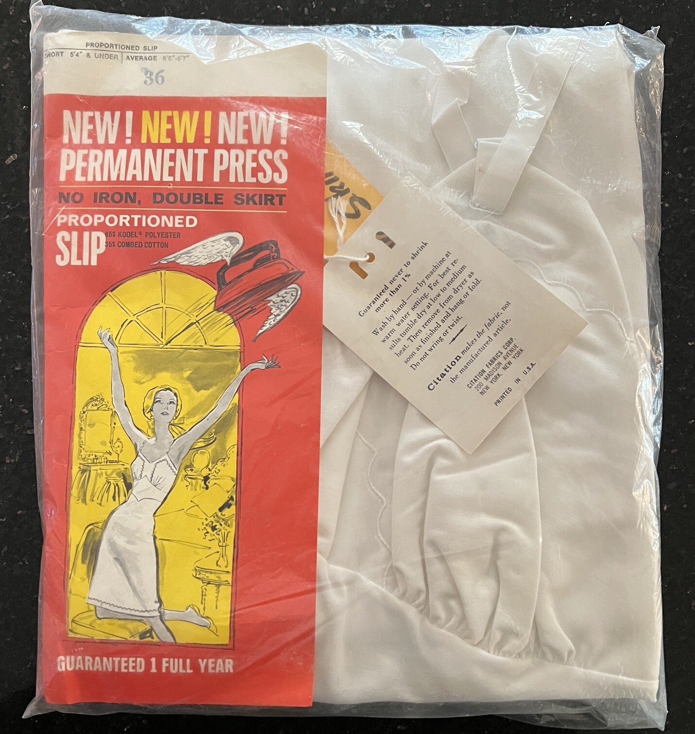Vtg New Old Stock Citation Full Slip White Size 36 Permanent Press Double Skirt