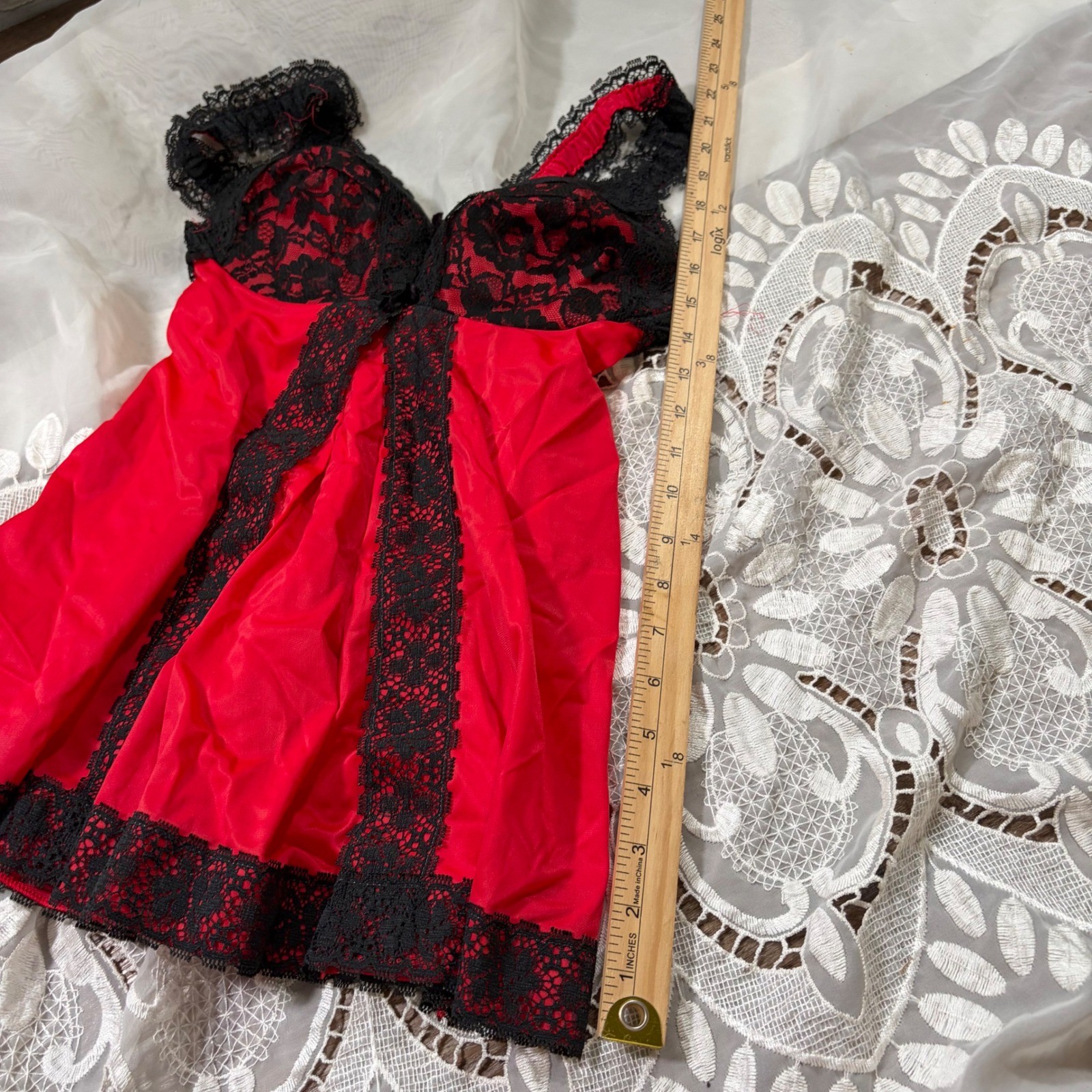 Vintage Red Black Lace Babydoll Bloomers Lingerie Set Style 705 Size 32 76