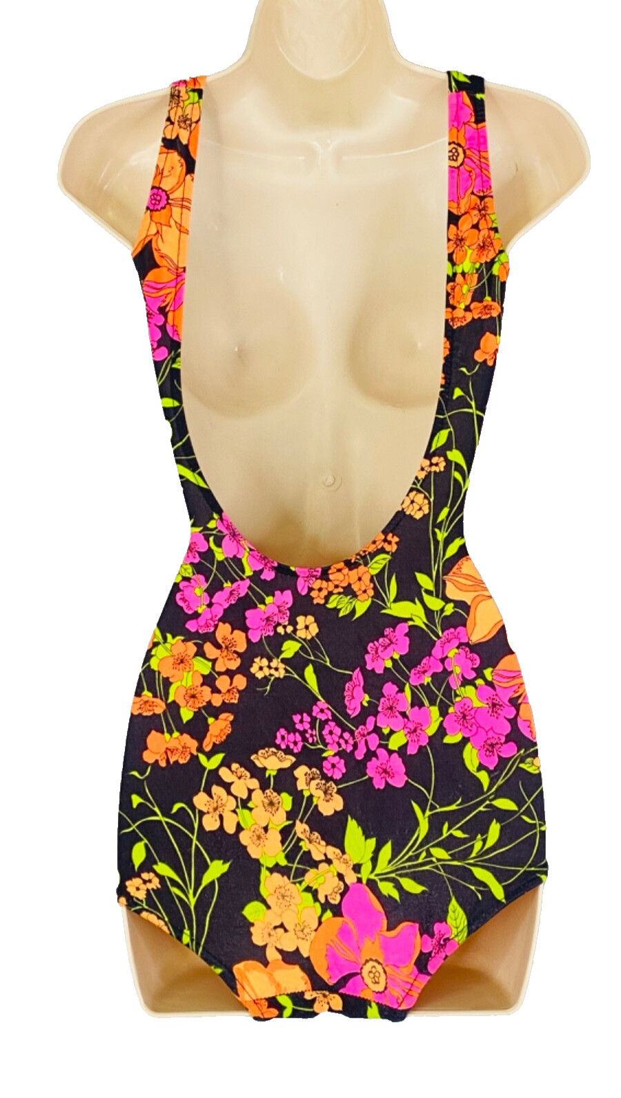 Vintage 1970s colorful floral swimsuit, pink skirted one-piece black pin up XS