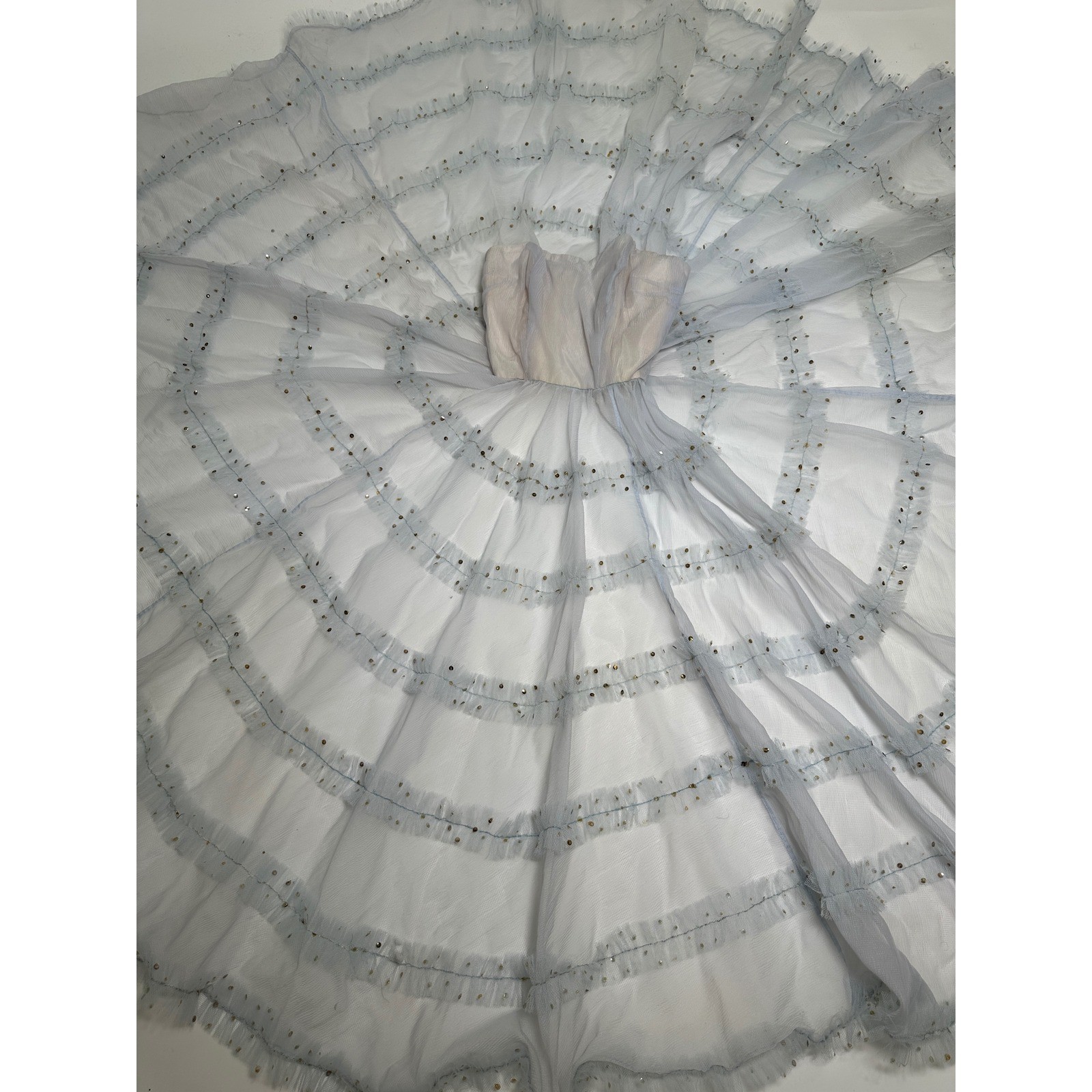 Vintage 1950s Pastel Baby Blue Tulle Ruffle Sequin Strapless Prom Party Dress