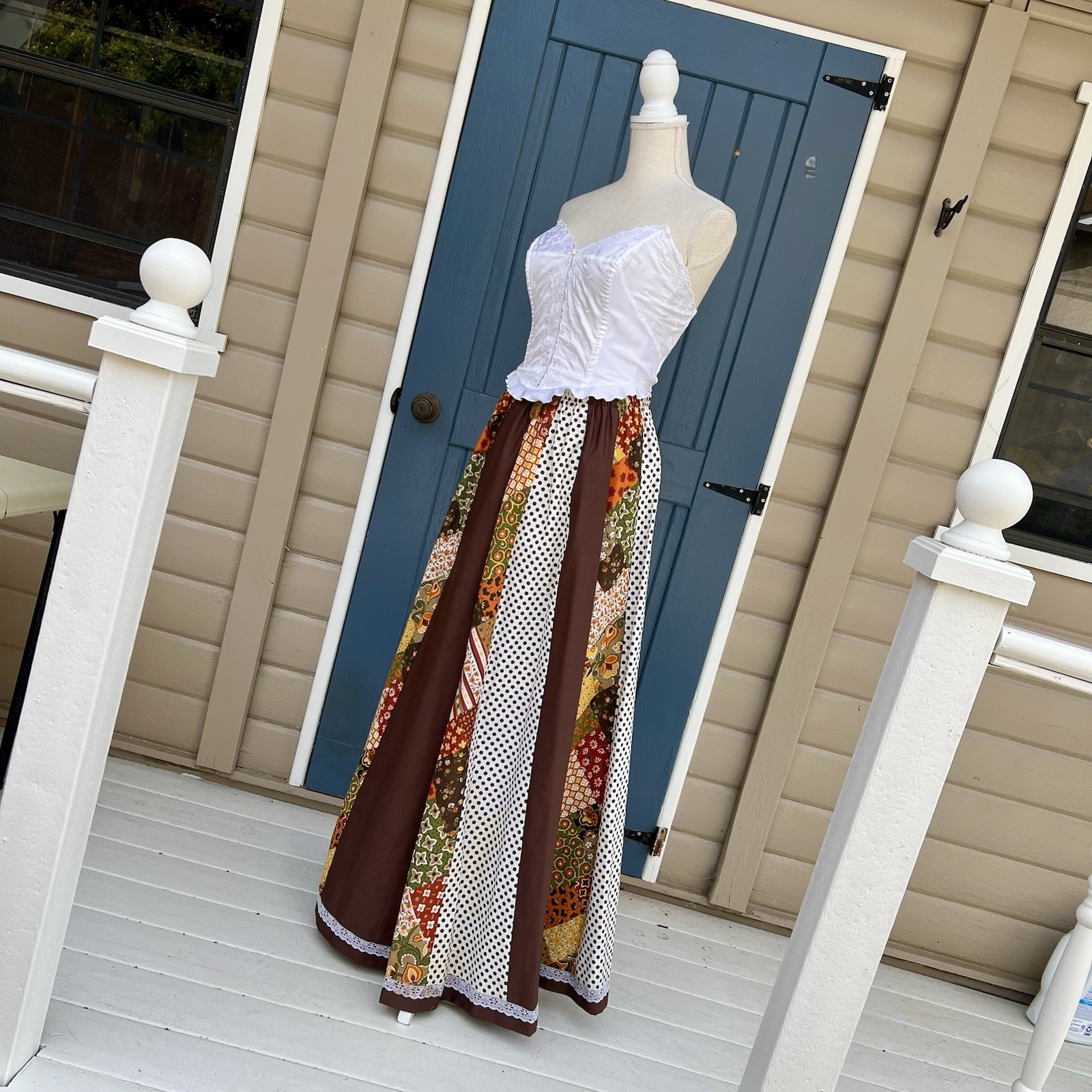 Vintage 70s Patchwork Maxi Skirt with Brown and Orange Tones Size Small