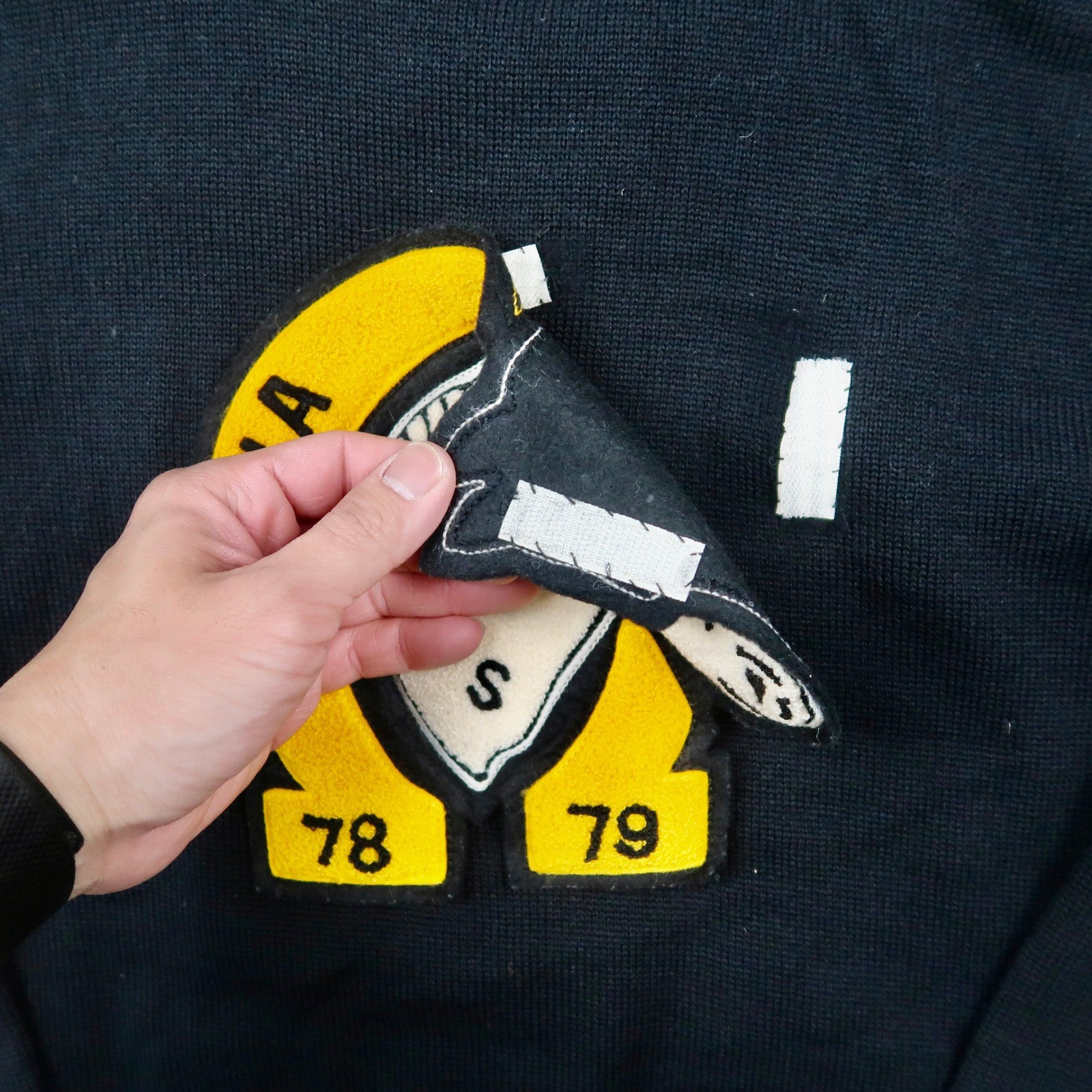 Vintage 70s Lasley Knitting Co Wool Full Zip S Sweater Black Yellow Stripe Talon