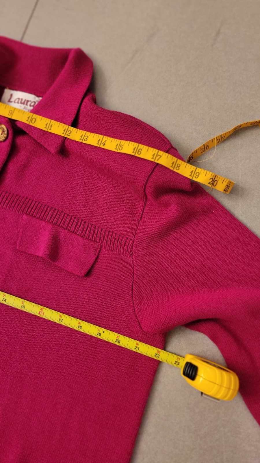 Vtg Knit Skirt Suit Lg 2Pc Laura Alyzia 70’s Fushsia Sweater Shoulder Pad USA