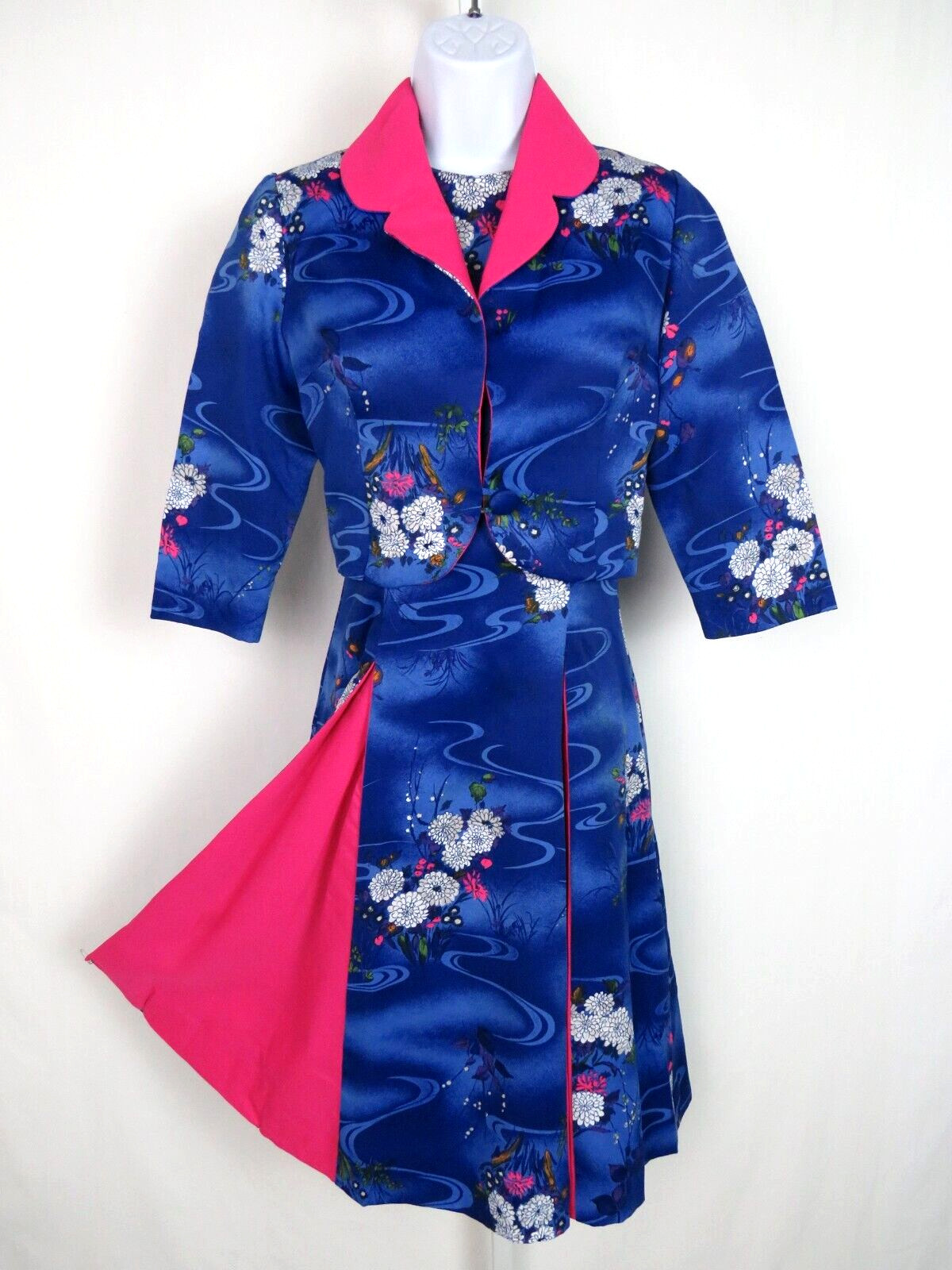 VTG 1950s 60s WALTAH CLARKE’S OF HONOLULU DRESS & CROP JACKET FLORAL POLY SILK?