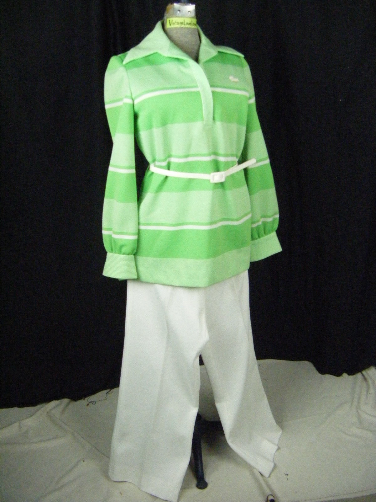 DAVID CRYSTAL LACOSTE Vtg 70s Green White Knit Top & Pant-Bust 36/Waist 27/XS