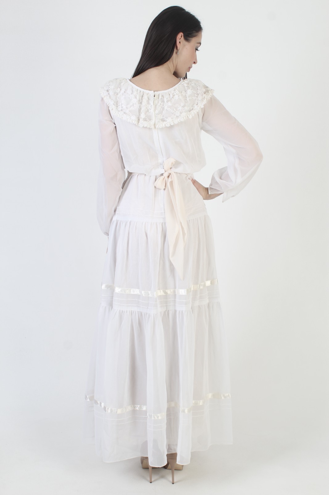 Vtg 70s White Victorian Dress Sheer Lace Boho Prairie Monochrome Wedding Gown