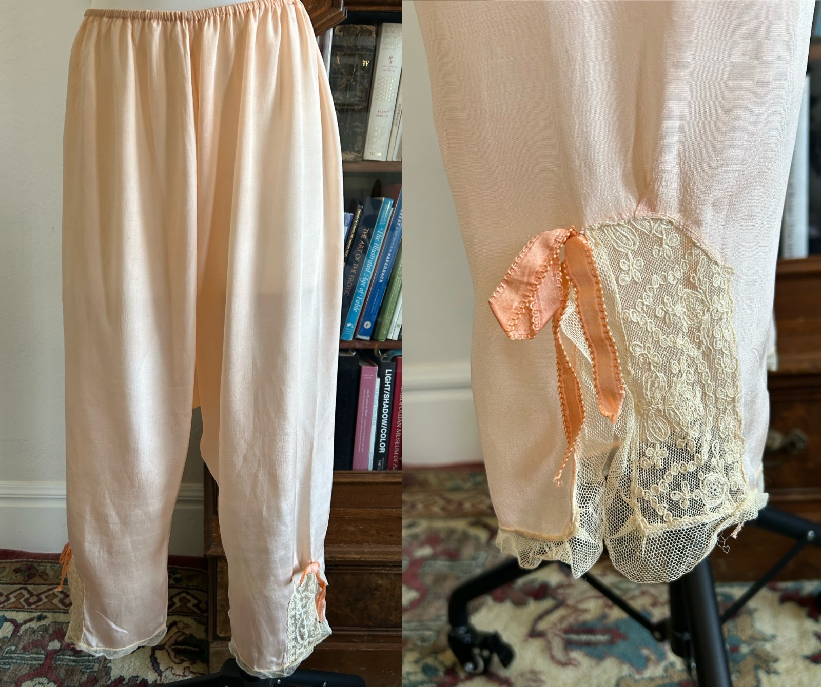 Vintage 1920s Blush Pink Bloomers Lace Trim Ribbon Antique Lingerie Rare S M 28