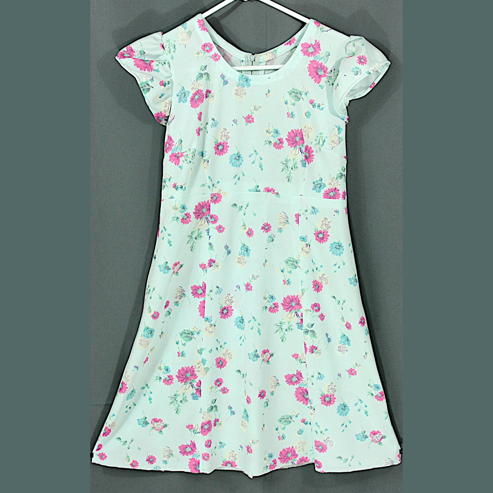 Vintage Pink and Blue Floral Flutter Sleeve Mini Dress Party Sundress 1970s