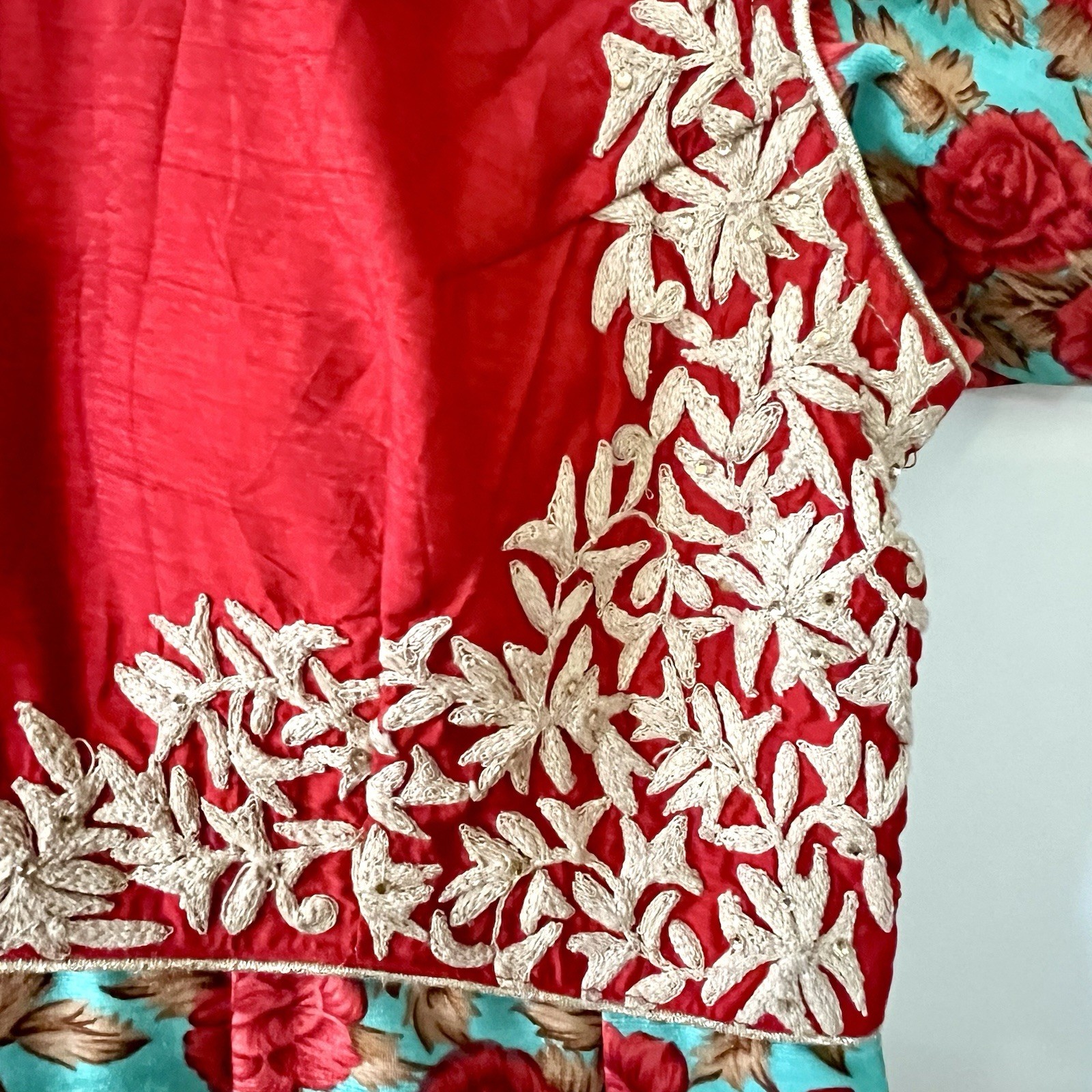 Vintage Indian Cotton Dress Artisan Floral Block Print Embroidered