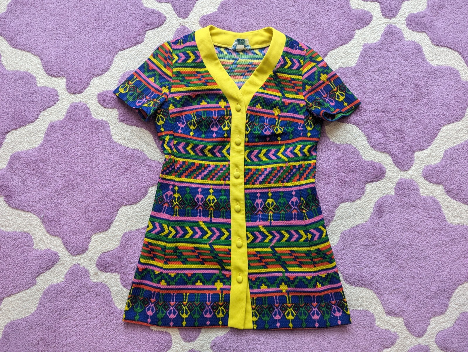 Vintage 70’s Hippie Funky Novelty Neon Rainbow Yellow Poly Tunic Top Size S/M