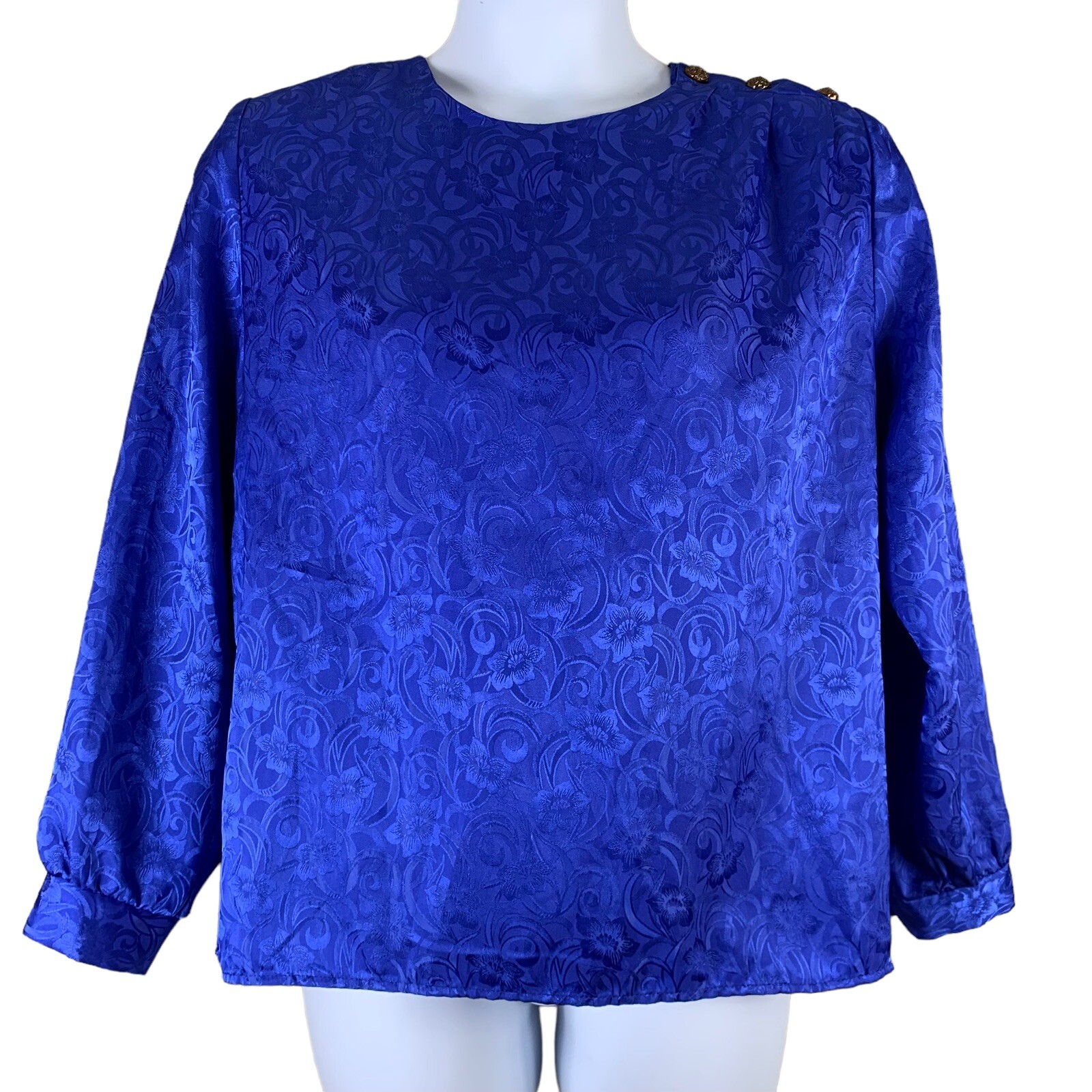Vintage Shirt Royal Blue Shoulder Pads Floral Jacquard Fabric Charlotte VanHorne