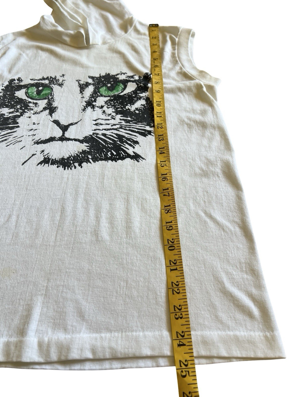 VTG Rare 80s Single-Stitch Hooded Green-Eyed Cat White Muscle Tank Kitschy Retro