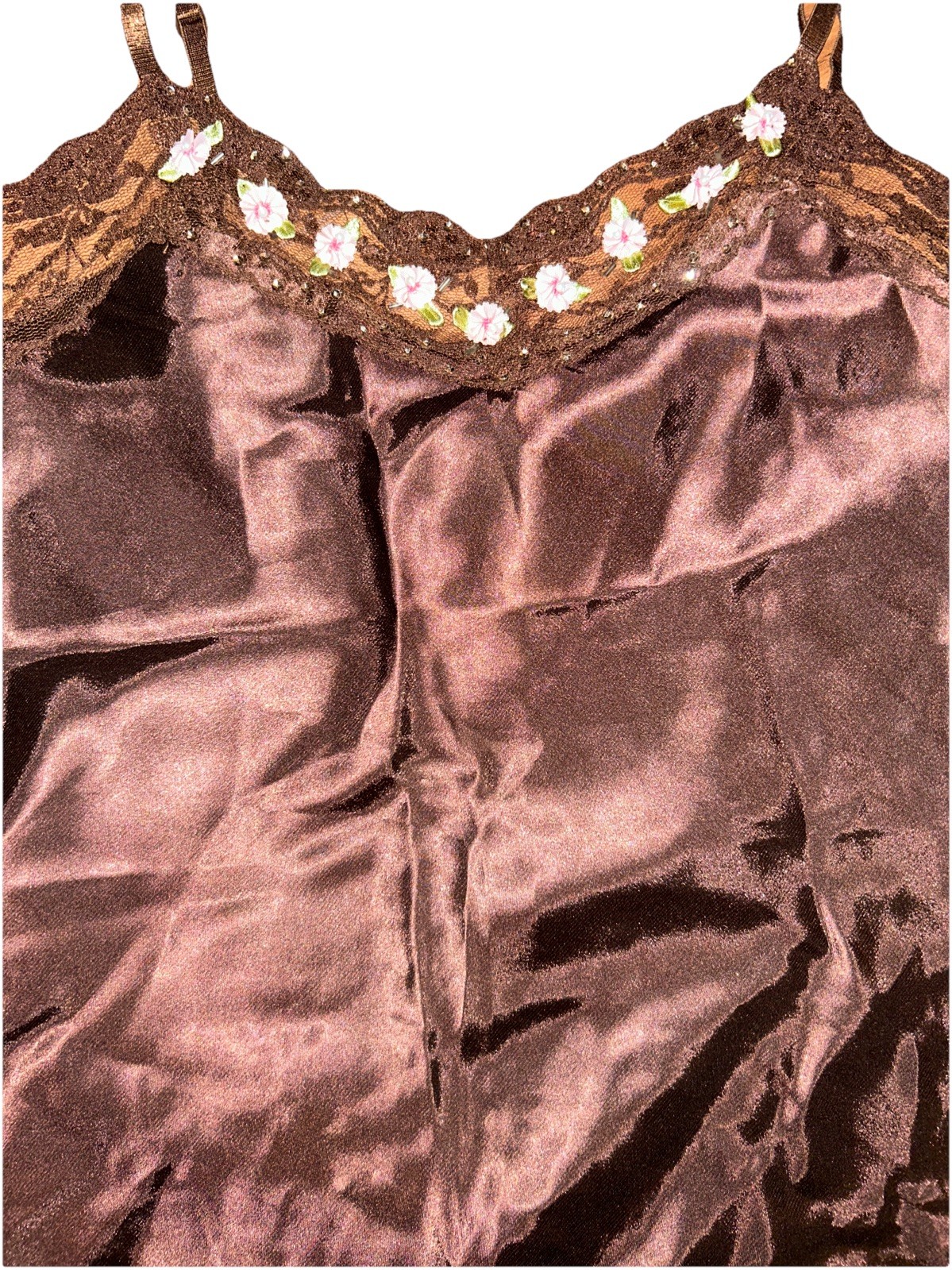 Vintage Y2K Deadstock One Step Up Satin Camisole Cami Top NWT Brown Rose Lace S