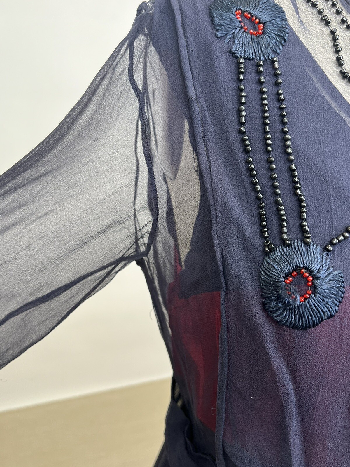 Antique 1910s 1920s Navy Blue Silk Chiffon Dress Floral Embroidery Beading AS IS