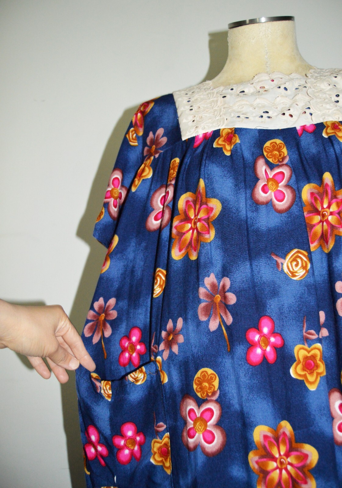 Vintage MAYETTE Blue Muumuu House Dress with Eyelet Accent LARGE