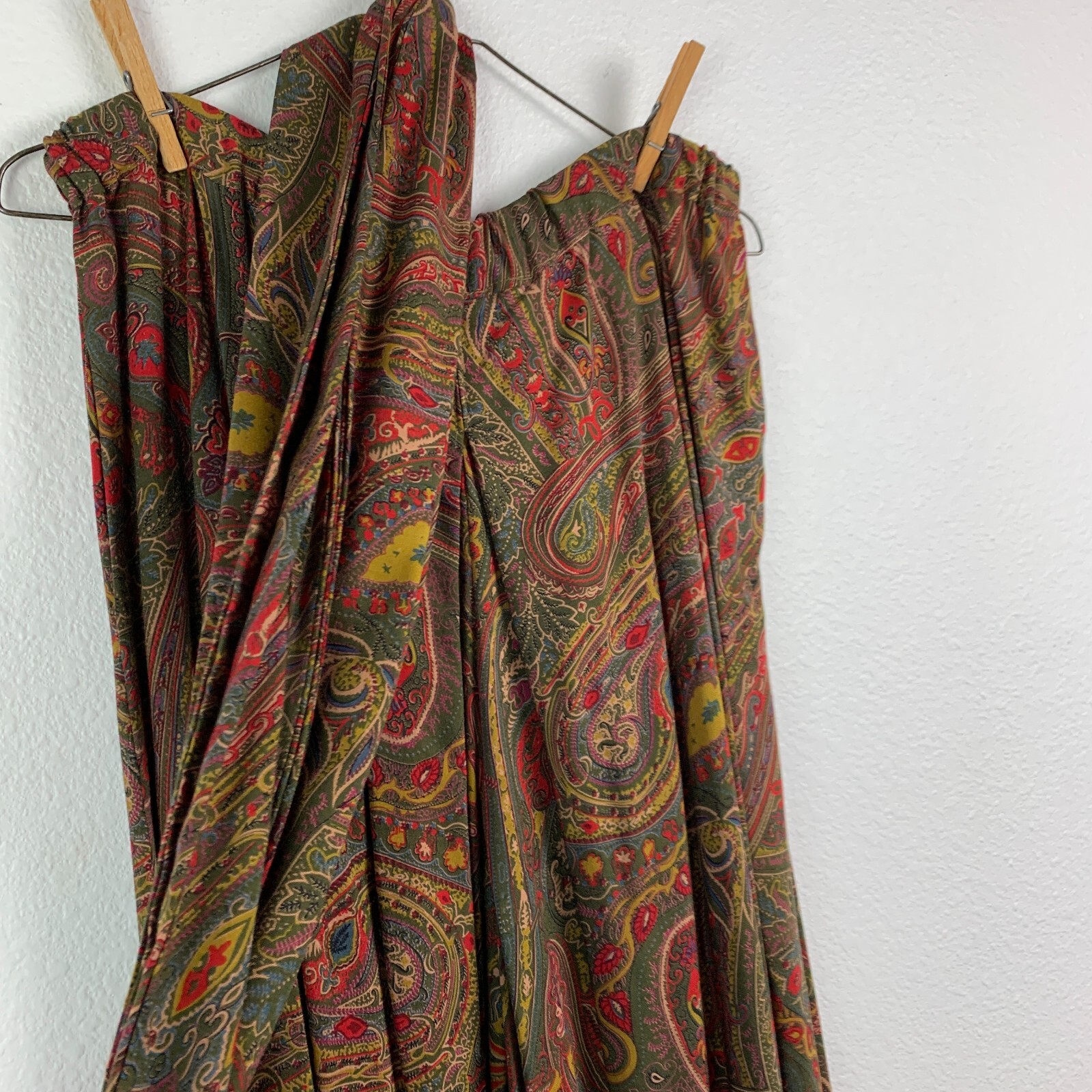 Vtg Handmade Brown Paisley Elastic Waist Harem Gaucho Pants With Scarf Waist 29″