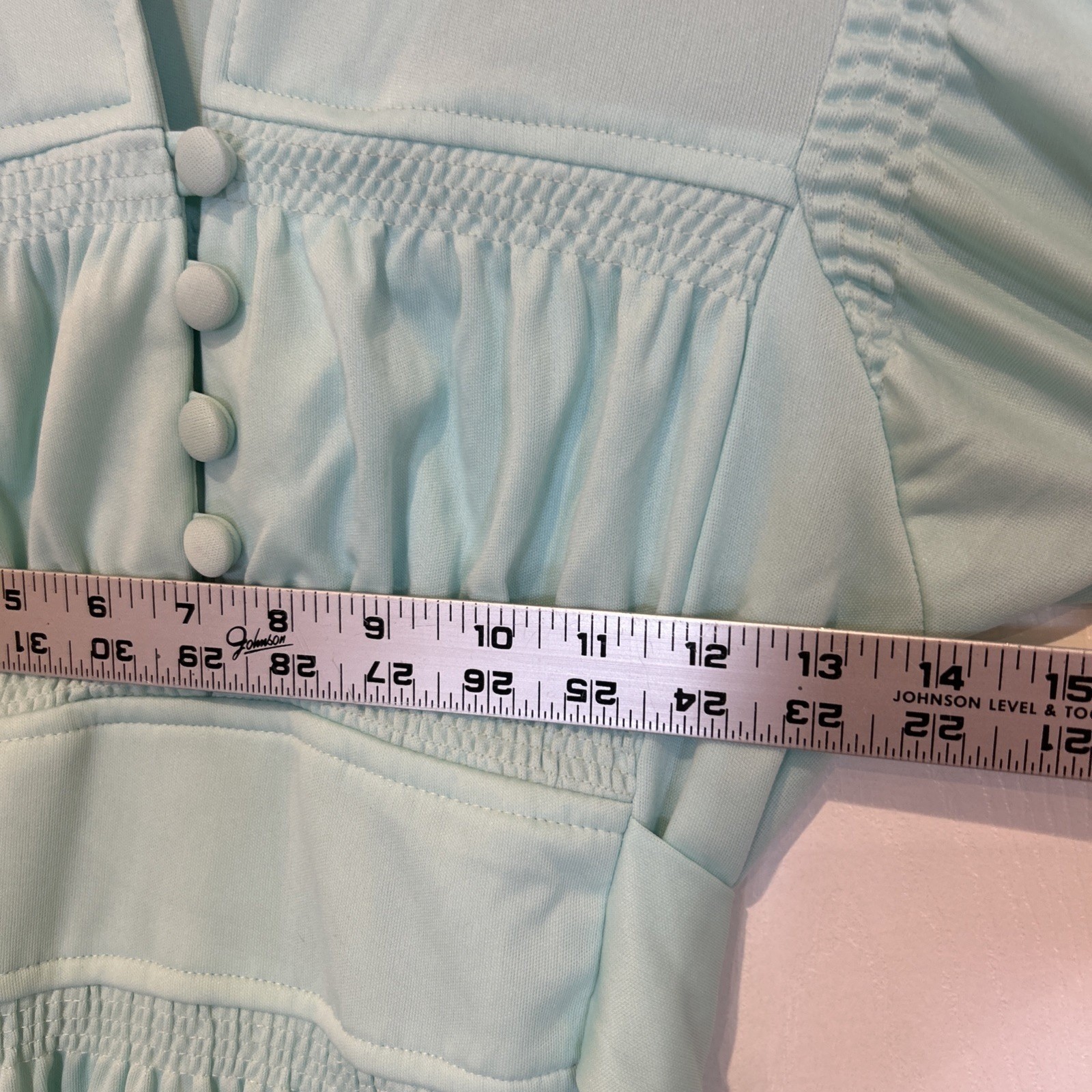 Vtg Trolley Car Maxi Dress Womens Size 7 Mint Green 70s Flutter Sleeve Smocked
