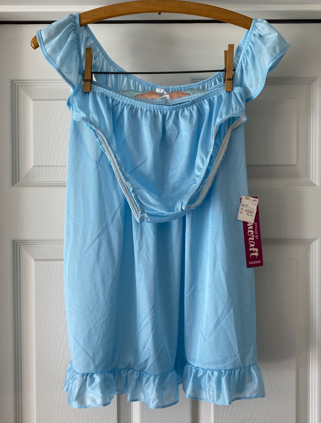 VTG Blue Nylon Babydoll Ruffled Nightie Granny Pantie Set NOS Sz.M (Lg. Panty)