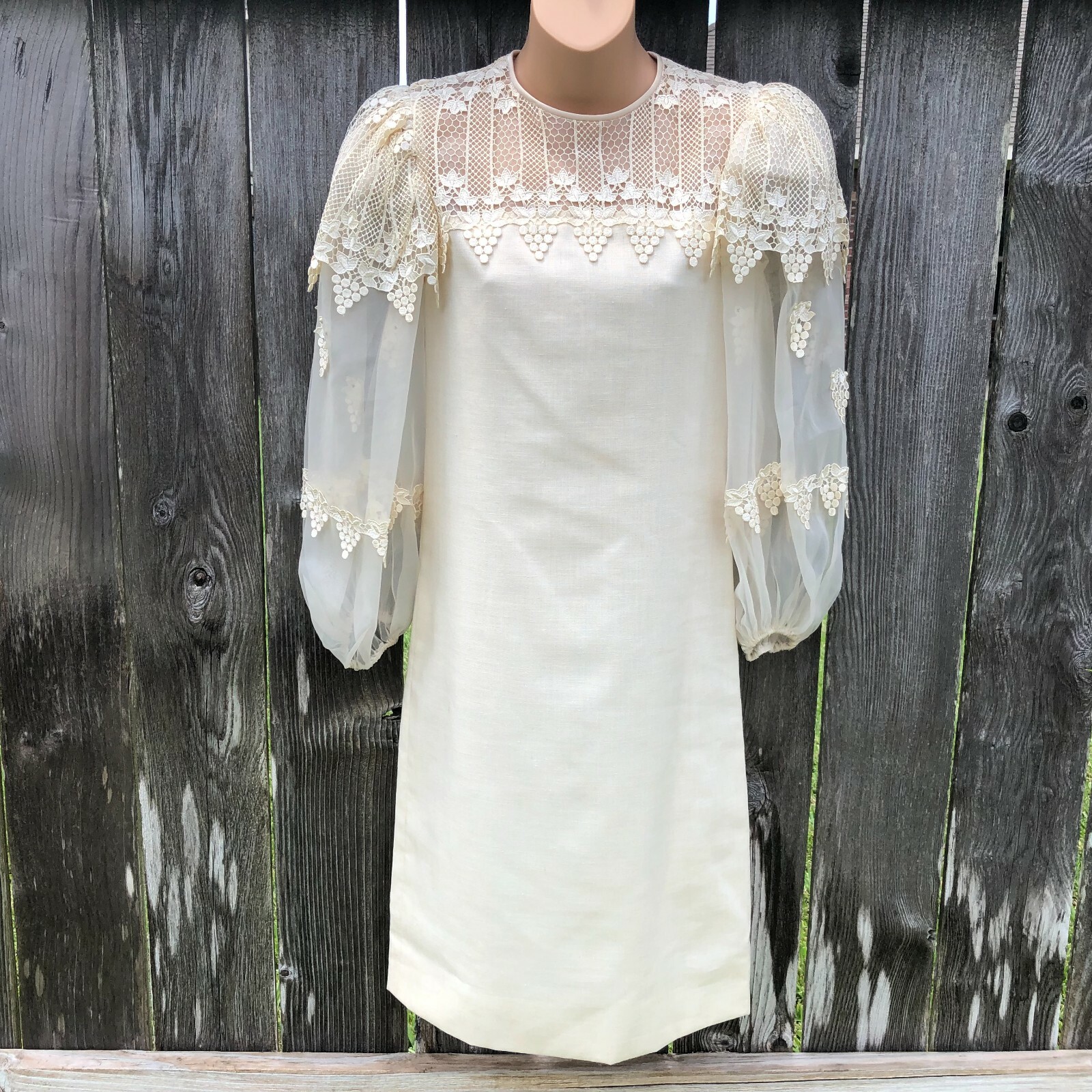 Morton Myles for the Warrens Vintage Ivory Dress Sheer Balloon Sleeves Lace Sz 4