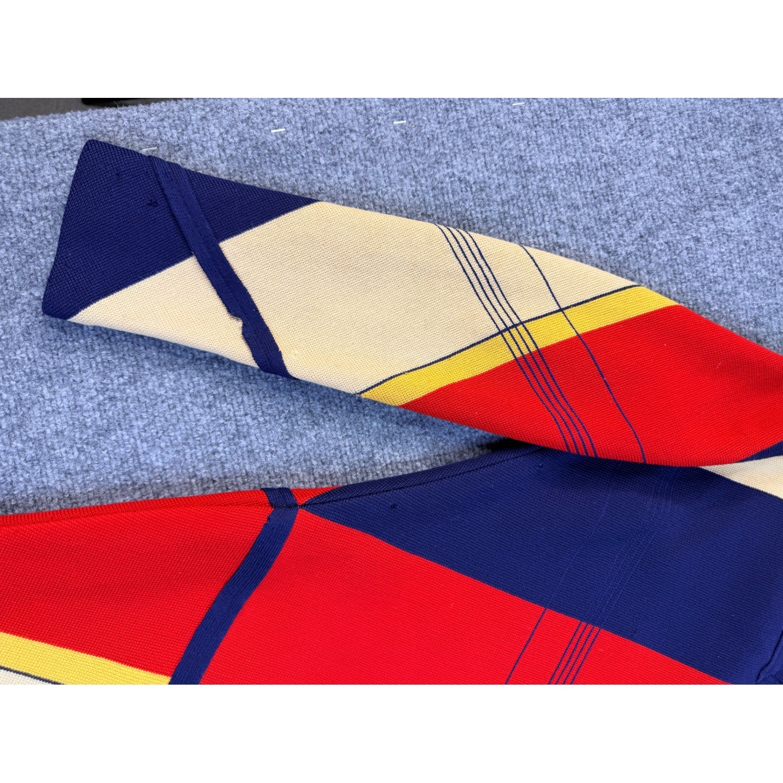 Vintage Geometric Colorblock Knit Cardigan Sweater Jacket Red Blue Yellow Small