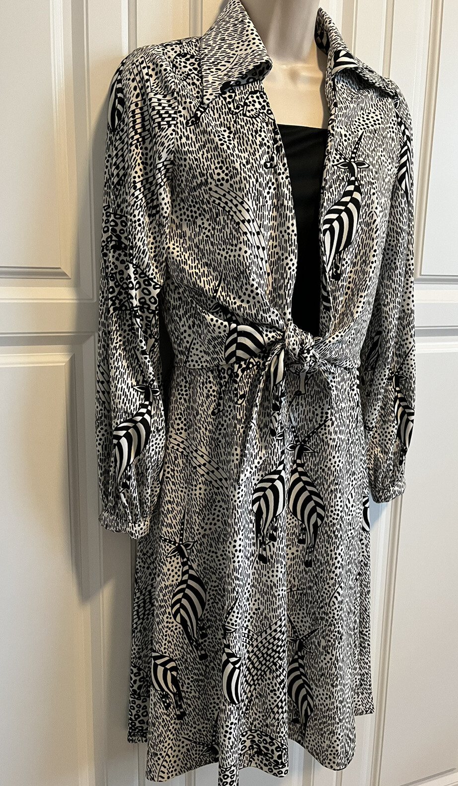 Vintage Caron Black & White Dress & Blouse Jacket Tie Front Matching Belt Small