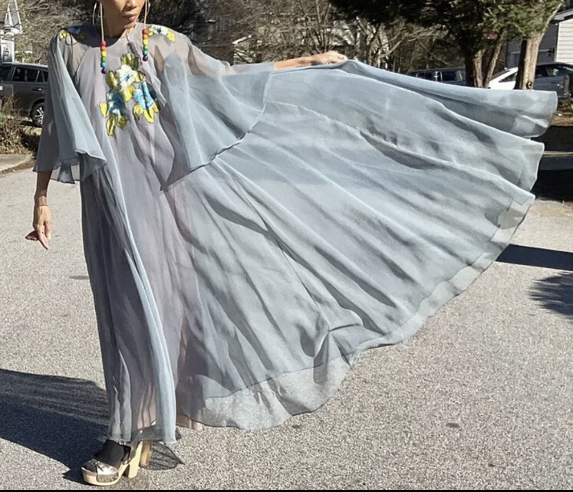 vintage Jean Varon sheer full sweep gown maxi dress angel sleeves UK