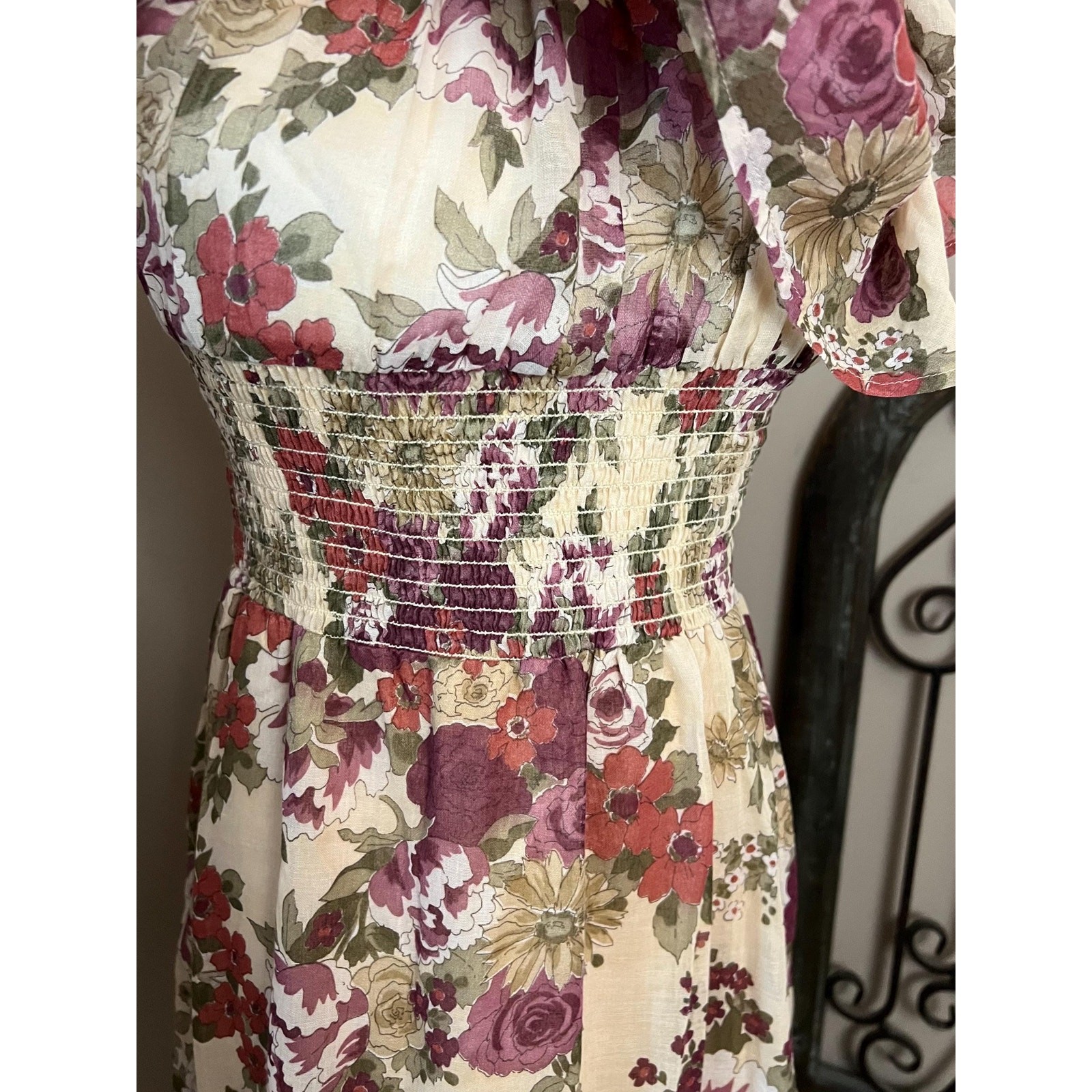Vintage 70s Earthy Floral Off Shoulder Dress Retro Boho Cottagecore Size Medium