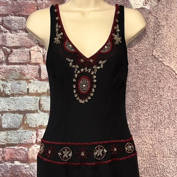Vintage Vera Cristina Beaded Black Silk Drop Waist Dress Size 8 EUC