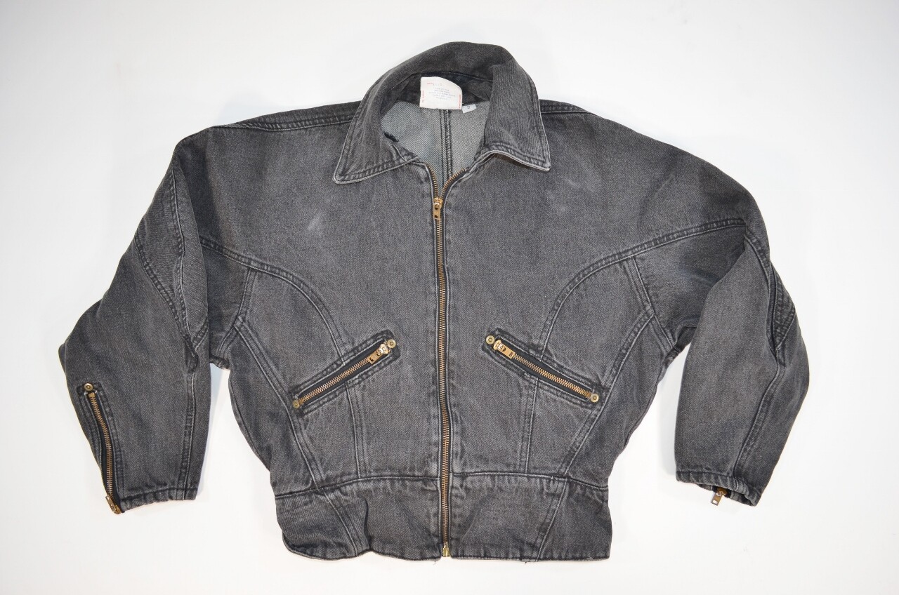 VTG 80s 90s Oxygen Denim Jacket Grey Full Zip Bat Sleeve Back Waist Elastic S