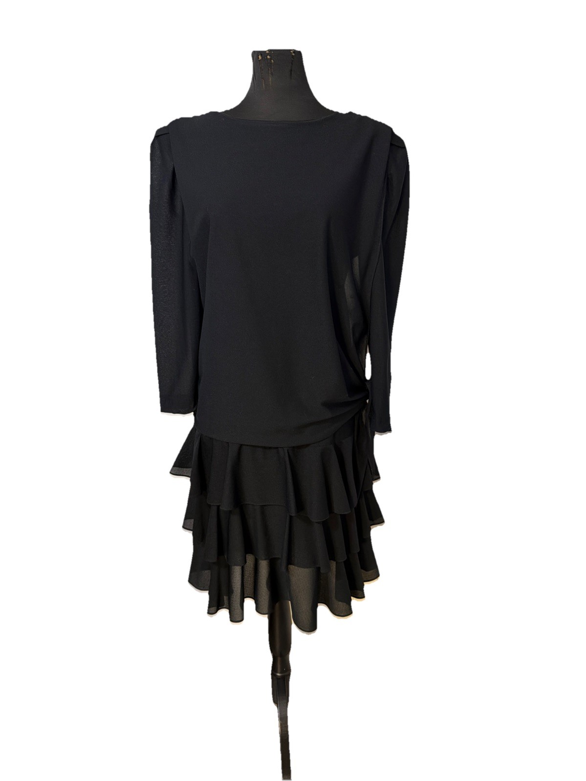 JF Vintage Dress Black Long Sleeve Layered Ruffle Tiered Skirt Drop Waist Sz 18