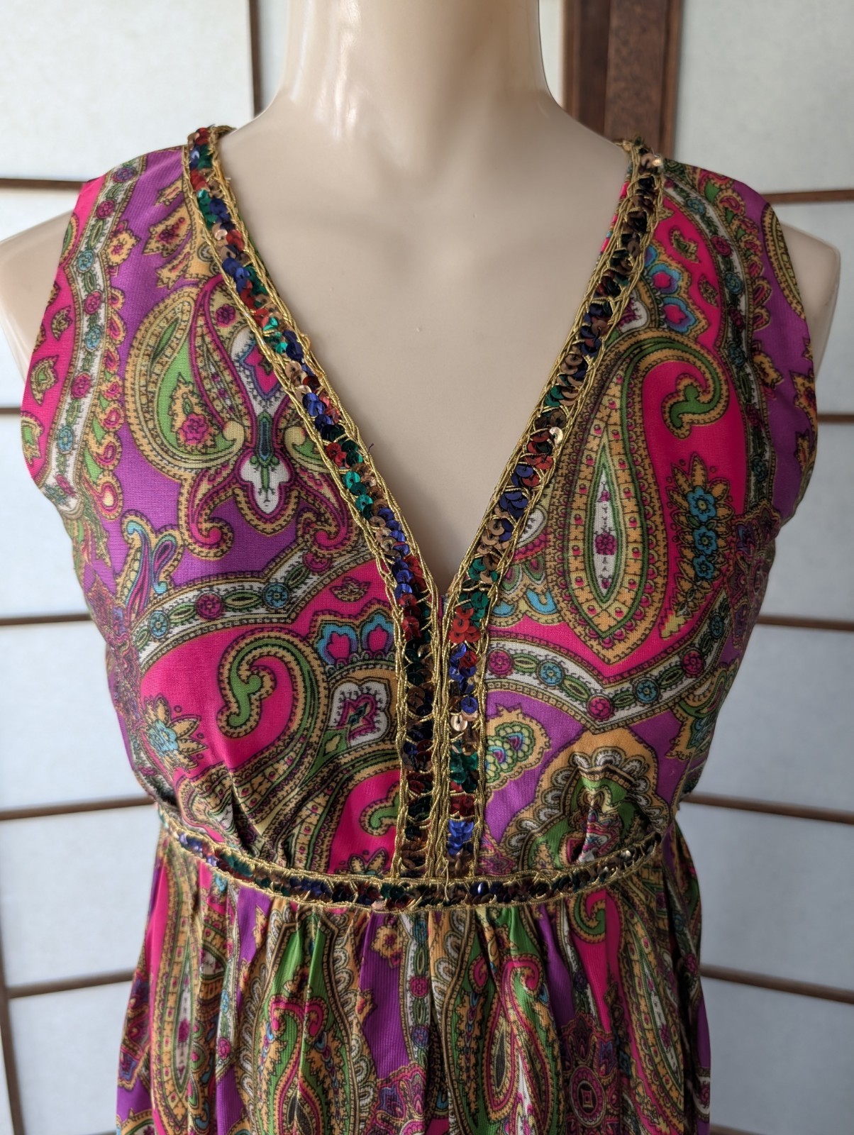 Vintage Vibrant Neon Paisley Jumpsuit Palazo Legs Sequins Psychedelic 1960s Smal