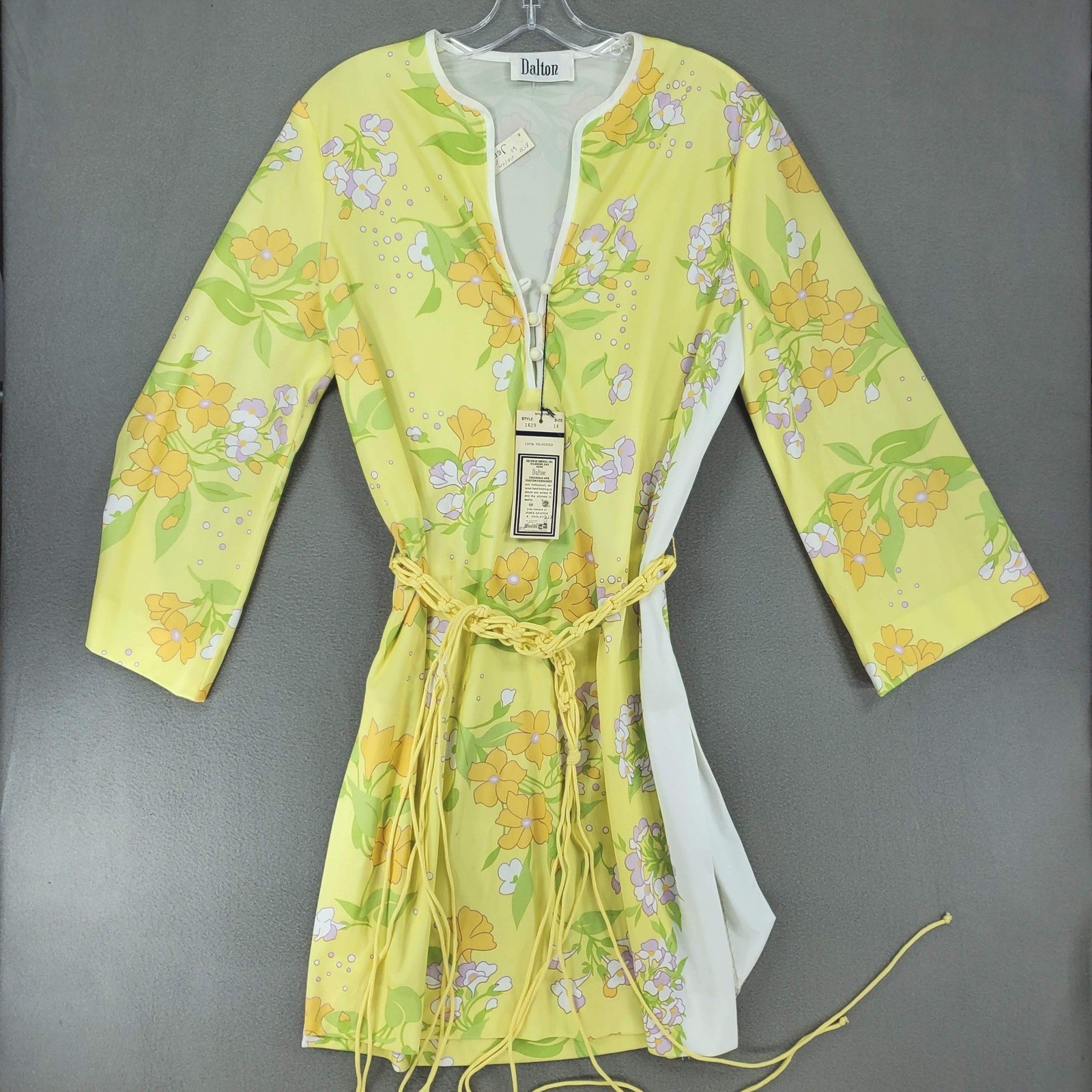 Dalton Floral Tunic Dress Women 14 Yellow Vintage 70s Mod Retro NEW Belted