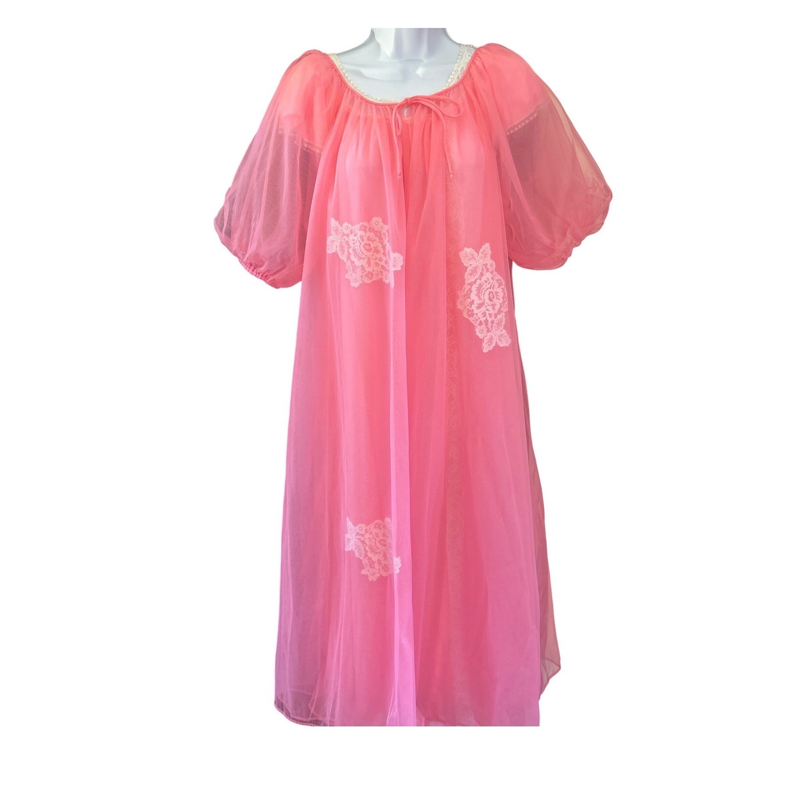 Vintage Lisette Peignoir Chiffon Lace Robe Coquette Barbiecore Puff Sleeve 34