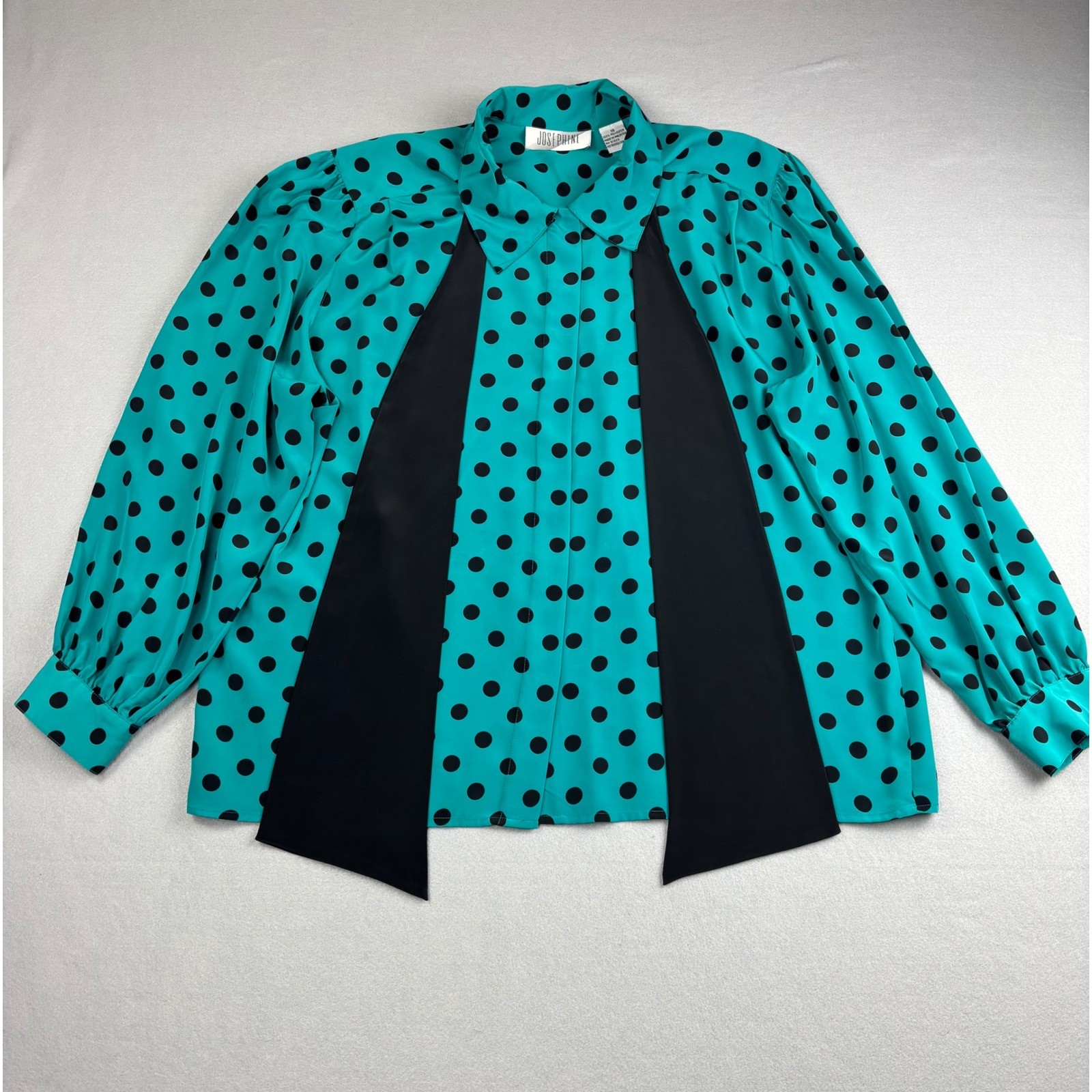 Vintage 90s Josephine Secretary Blouse Large 16 Turquoise Black Polka Dot Bow