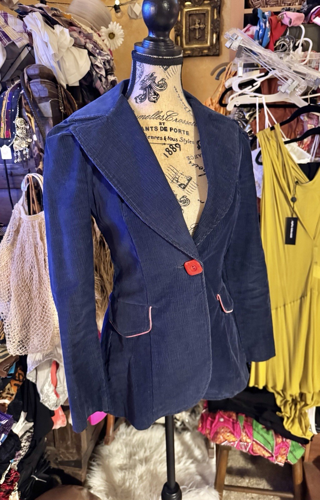 Vtg Outsider Happy Legs Blue Corduroy Jacket Blazer Red Bakelite Button Princess