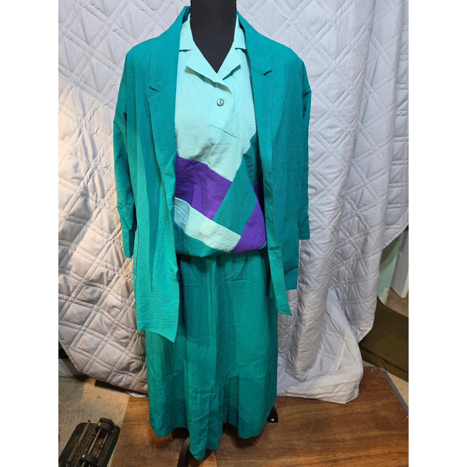 Vintage 80s Colorblock 3 Piece Skirt Set Teal Purple Geometric Women L Large
