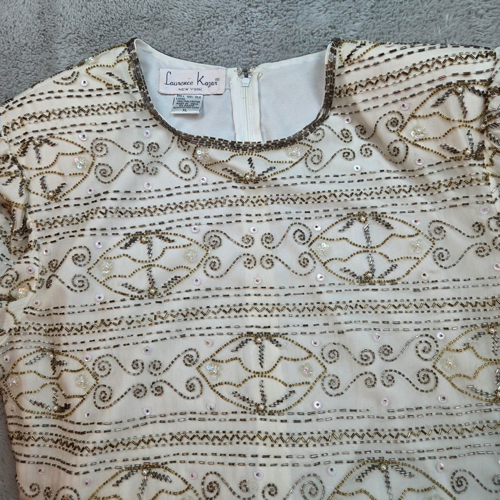 Laurence Kazar Beaded Silk Top Women XL Cream Gold Vintage Evening Scalloped Hem