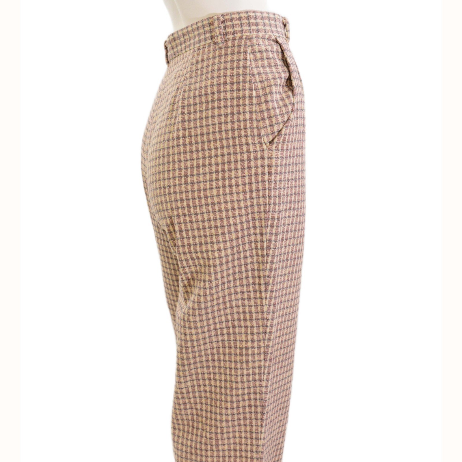 80s Vtg Sabene Woven Plaid High Waist Pants Mauve Beige Textured Knit Straight
