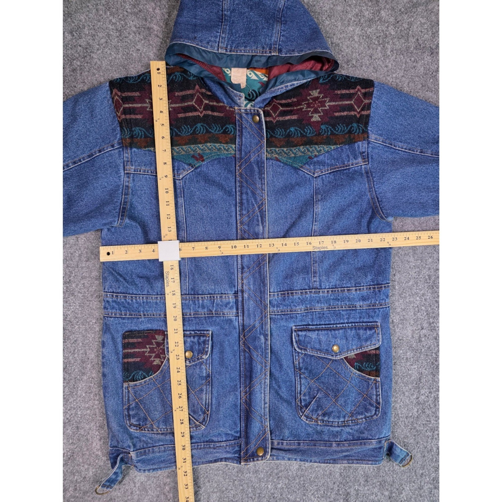 Vintage 90s Southwestern Aztec Denim Jacket Womens M Hooded Blanket Lined Long