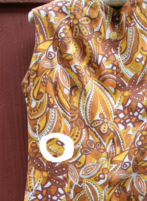1960s Vintage Brown Gold Orange Print Polyester Sleeveless Dress