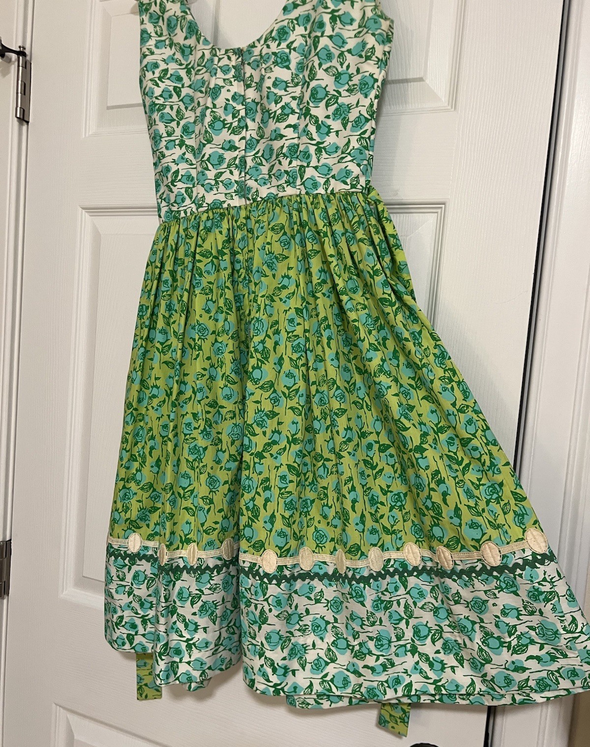 Vintage 1960s Lilly Pulitzer Dress Blue & Green Florals Rickrack Trim Tie Back