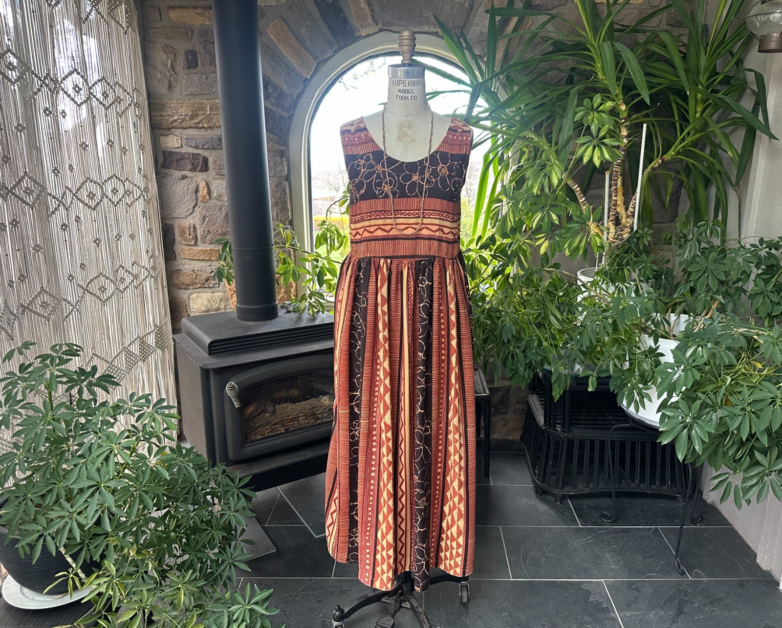 Vintage 1990s Brown Floral and Geometric Rayon Midi Dress Sita