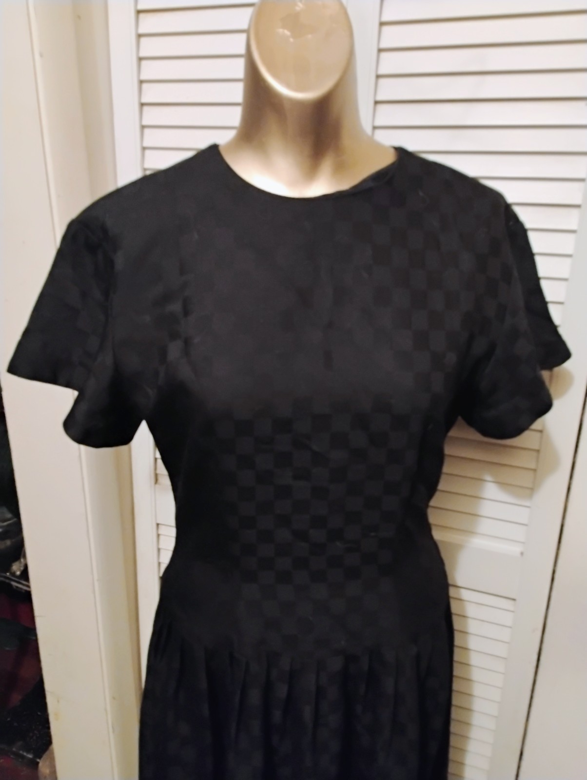 Vintage 80s Black Wool Shadow Check Kathryn Conover Open Bow Back Dress S M