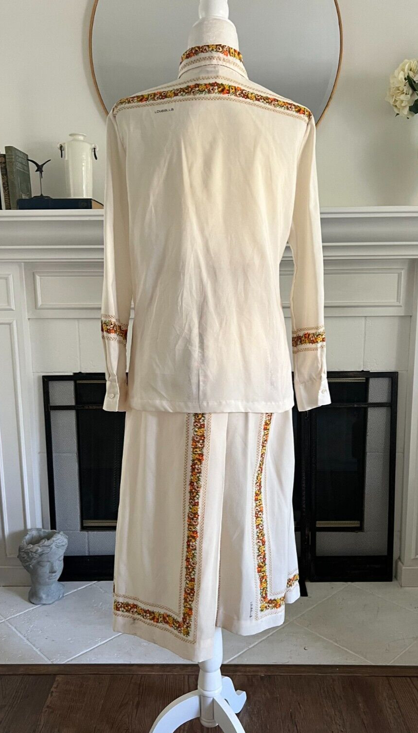 60s Vintage Womens M Skirt Set Sz S Blouse Ivory Floral Fall A Line Skirt