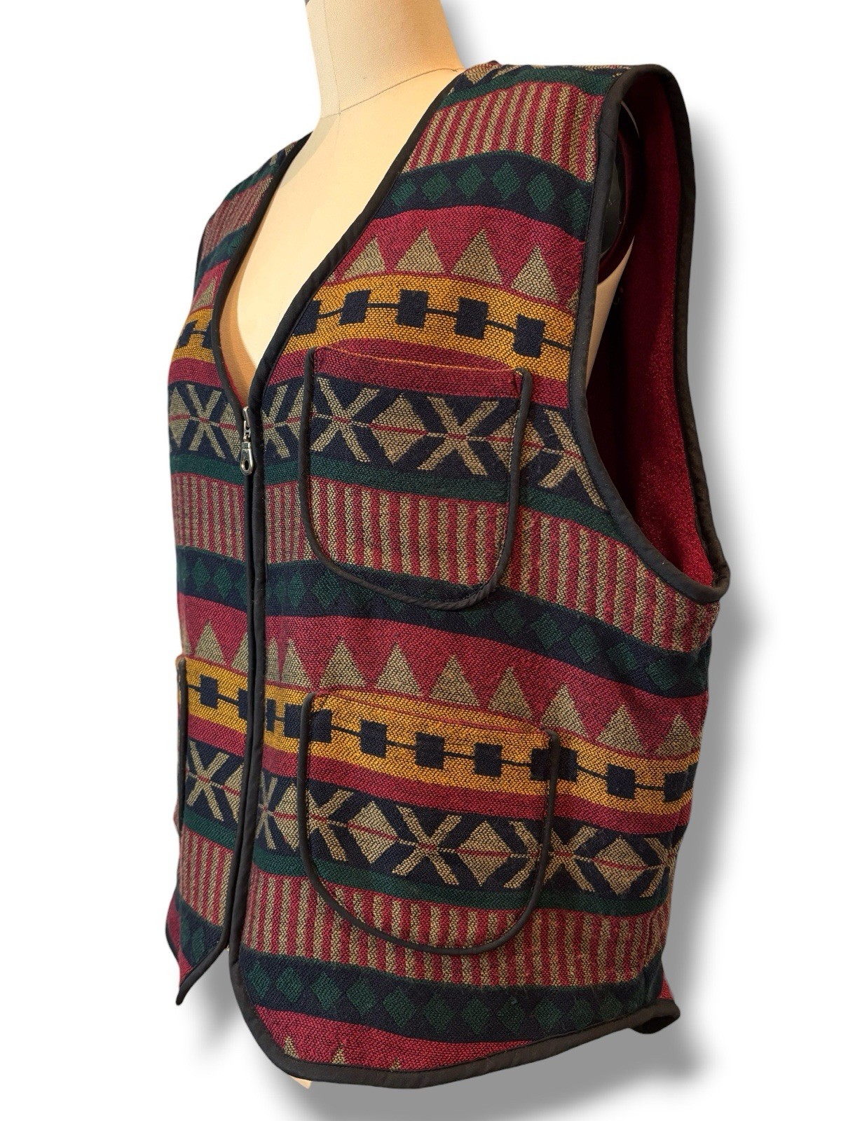Vintage Geometric Design Zip Up Insulated Vest By Rough USA Women’s Size Medium