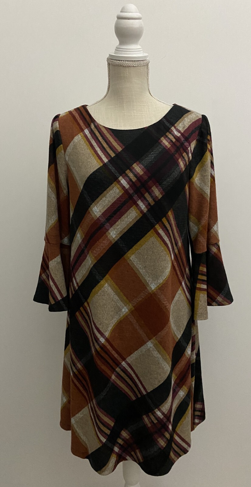 Vintage Plaid Dress Women’s M Brown 90s Long Sleeve Swing NWT Jessica Howard